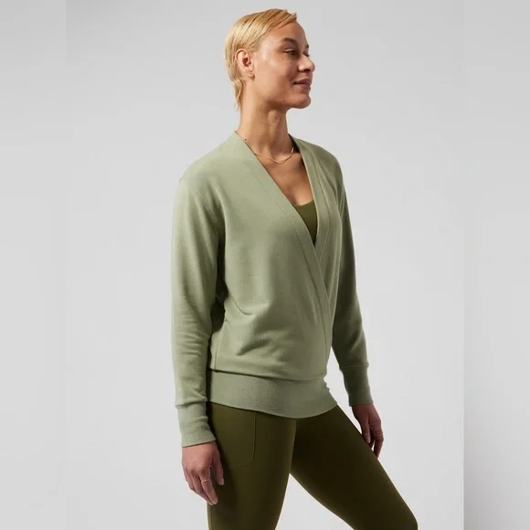 Athleta Purana V Neck Wrap Sweatshirt Eucalyptus Olive Green Size L - Picture 2 of 7
